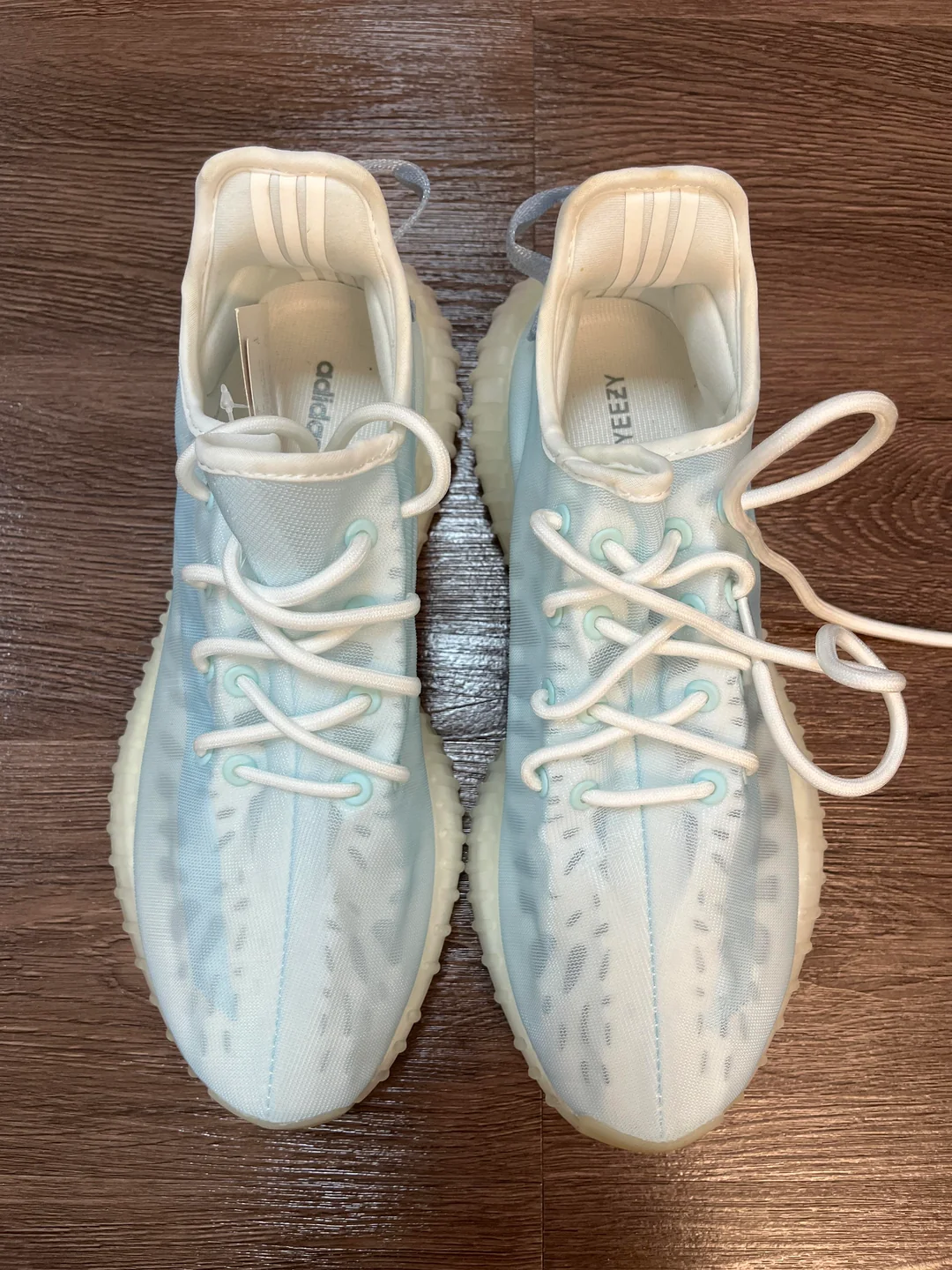 Close view of the pale blue knit sneakers from the first haul