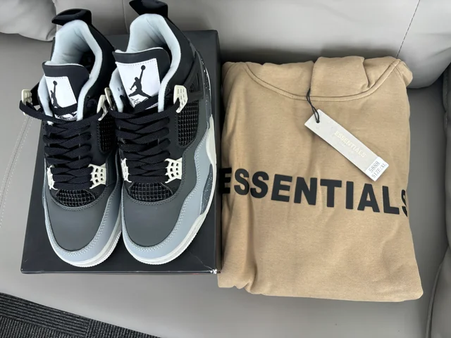 Grey and black high-top sneakers beside a tan hoodie from the Germany LoongBuy haul